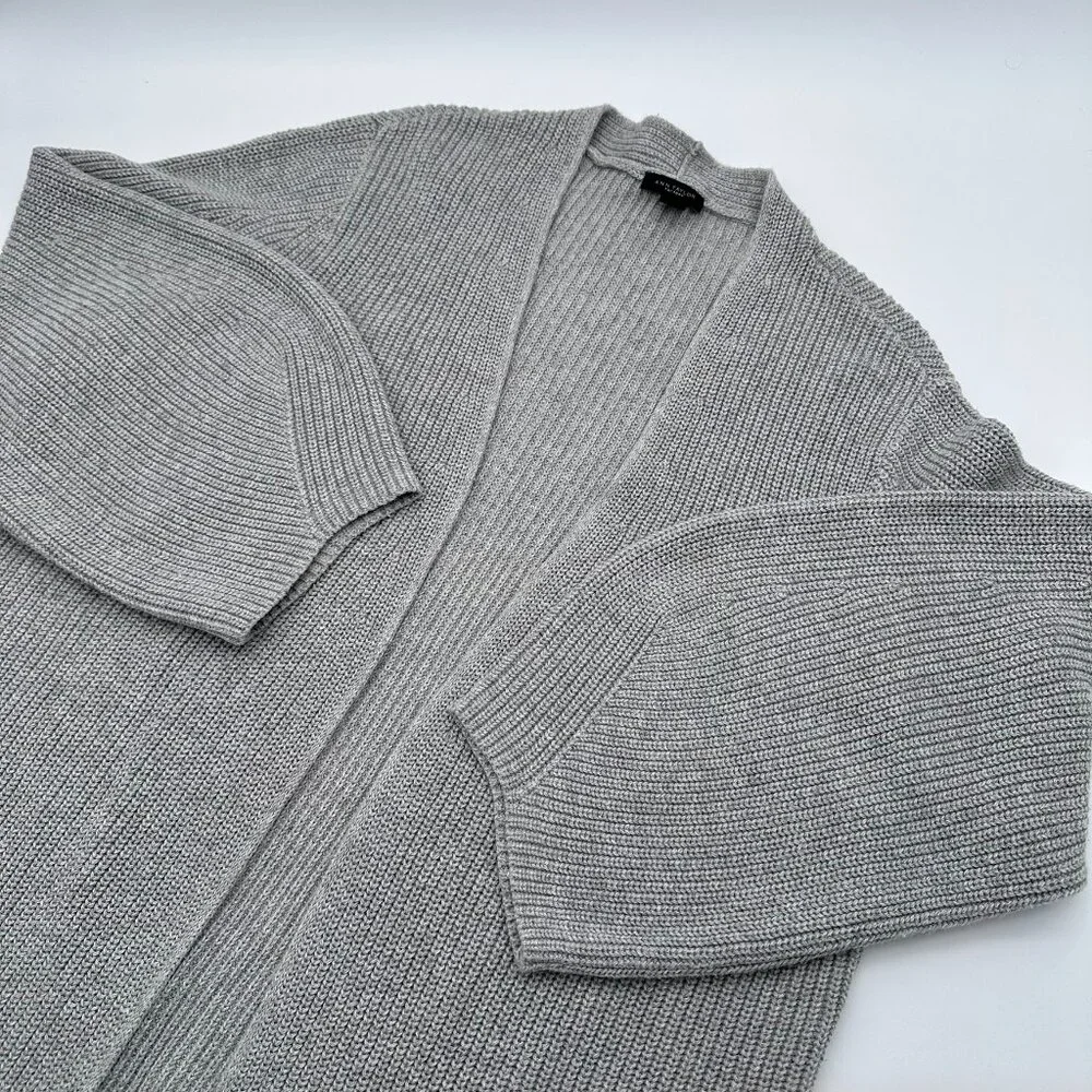 Ann Taylor Factory Open Front Ribbed Knit Cotton Cardigan Sweater,‎ Size L, Grey
